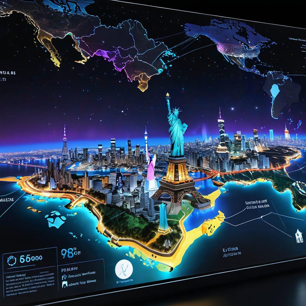 A breathtaking view of various iconic landmarks from around the world, all connected by vibrant live feeds streaming in real-time, showcasing different time zones and weather conditions. Include a futuristic dashboard displaying live data with interactive elements, and overlay with symbols representing global cultures and travel. Emphasize a dynamic sense of exploration and connectivity. vibrant colors. 3D. cyberpunk.