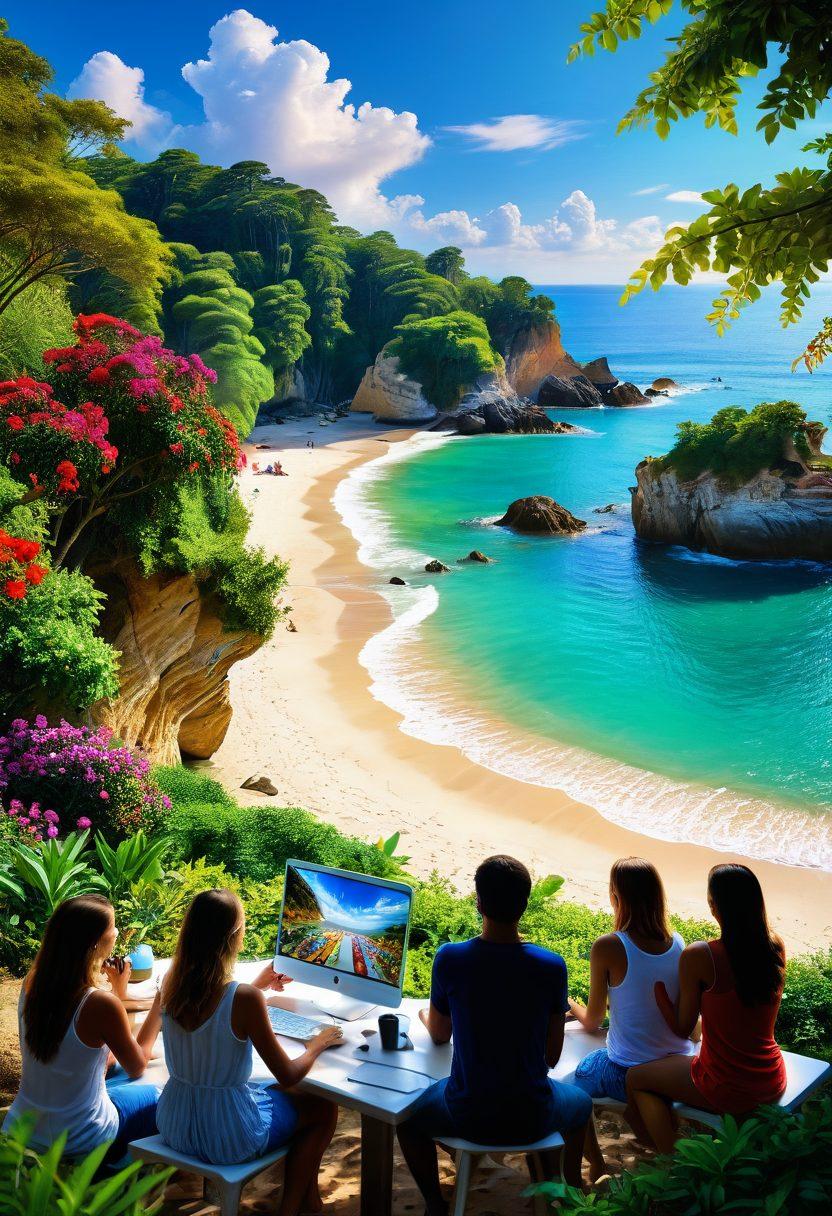 A captivating scene showcasing a diverse group of people engaging with interactive web-based cameras in various stunning landscapes, such as a lush forest, a bustling city, and serene beach. Each person is experiencing real-time footage on their devices, displaying joy and fascination. Incorporate vibrant colors to highlight the authenticity of the environments and use dynamic elements, like shifting skies and vibrant flora. The image should convey a sense of wonder and connectivity. super-realistic. vibrant colors. 3D.