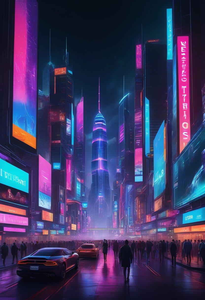 A futuristic city skyline illuminated by neon lights, showcasing large digital billboards streaming live video feeds. Below, a diverse group of people engaging with various devices, watching instant streams on smartphones and tablets. Incorporate elements of advanced technology like holograms and 5G towers, representing the evolution of live video technology. The atmosphere should feel dynamic and vibrant, capturing the excitement of the digital age. cyberpunk. vibrant colors. 3D.